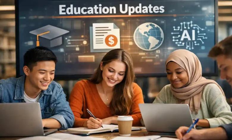 Education News Today updates shown with students studying and digital learning icons