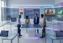 Illustration of professionals using digital marketing tools, including video icons, charts, engagement symbols, and a megaphone, highlighting 2026 marketing trends.