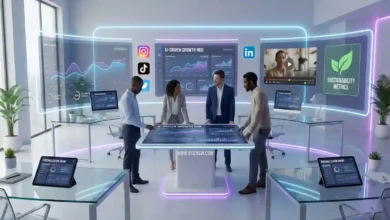 Illustration of professionals using digital marketing tools, including video icons, charts, engagement symbols, and a megaphone, highlighting 2026 marketing trends.