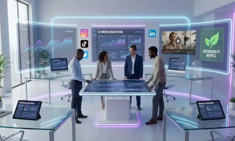 Illustration of professionals using digital marketing tools, including video icons, charts, engagement symbols, and a megaphone, highlighting 2026 marketing trends.