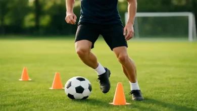 Beginner football training tips showing a player dribbling through cones on a grass field