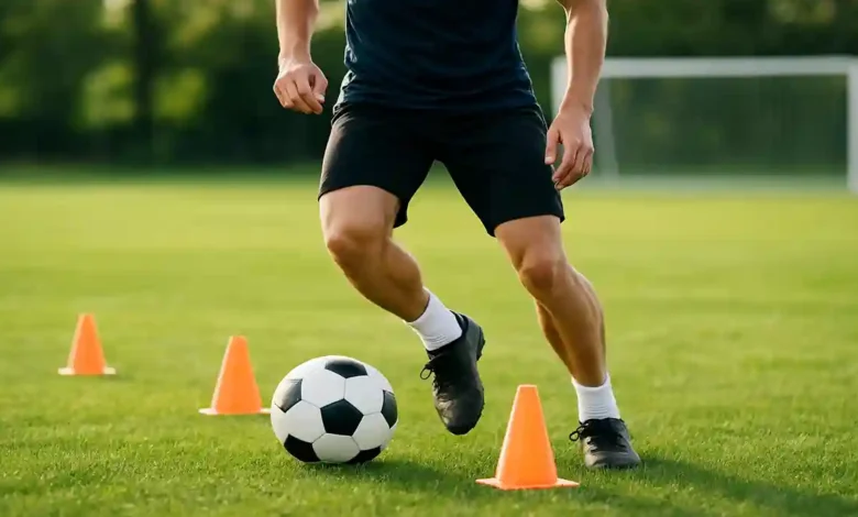Beginner football training tips showing a player dribbling through cones on a grass field