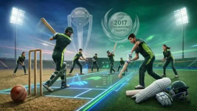 Modern landscape image showing the historic and modern evolution of the Pakistan National Cricket Team with cricket stadiums, trophies, and emerging players.