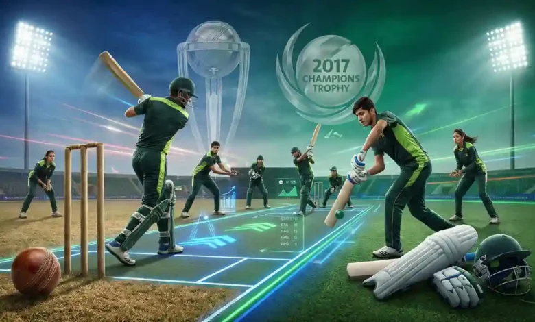 Modern landscape image showing the historic and modern evolution of the Pakistan National Cricket Team with cricket stadiums, trophies, and emerging players.