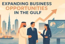 Illustration of Gulf business expansion featuring GCC skylines, digital growth charts, and professionals discussing market opportunities.