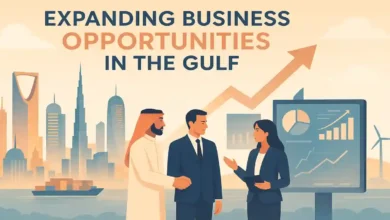 Illustration of Gulf business expansion featuring GCC skylines, digital growth charts, and professionals discussing market opportunities.