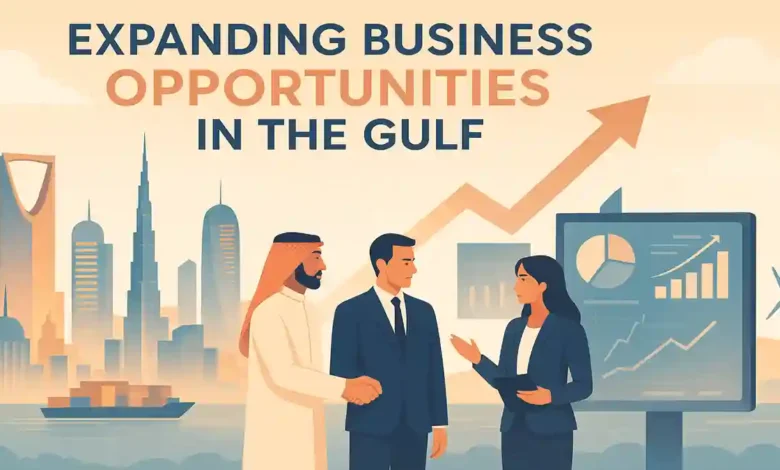 Illustration of Gulf business expansion featuring GCC skylines, digital growth charts, and professionals discussing market opportunities.