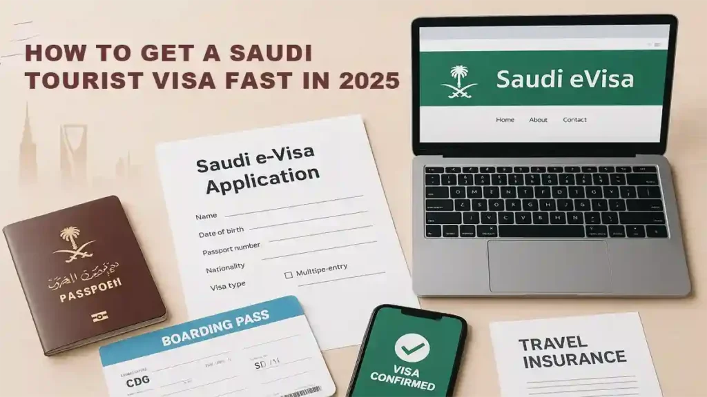 Saudi tourist visa flat lay with passport, eVisa form, laptop, boarding pass, travel insurance, and a phone showing visa confirmation.