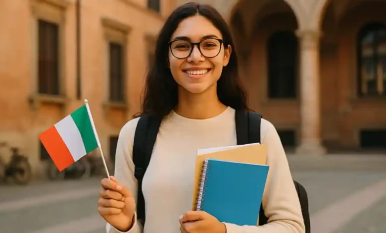 Male international student standing outside a historic Italian university building, holding study documents and smiling.