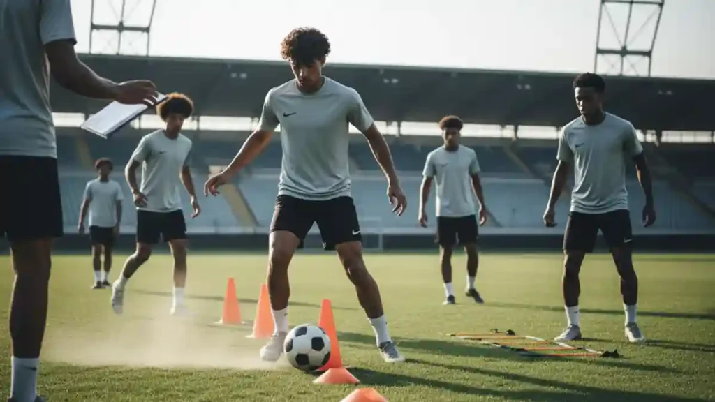 Football training tips showing a beginner practicing dribbling with cones on a field