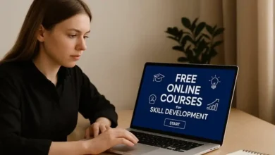 A learner taking free online courses for skill development on a laptop, focusing on building professional and digital skills online.