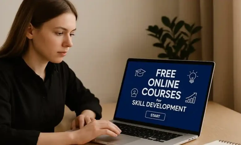 A learner taking free online courses for skill development on a laptop, focusing on building professional and digital skills online.