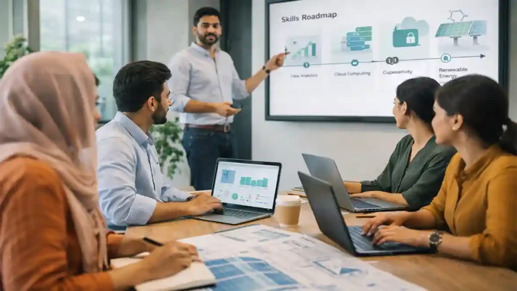 Pakistani professionals attending a skills workshop with laptops, learning data, cloud, cybersecurity, and renewable energy basics.