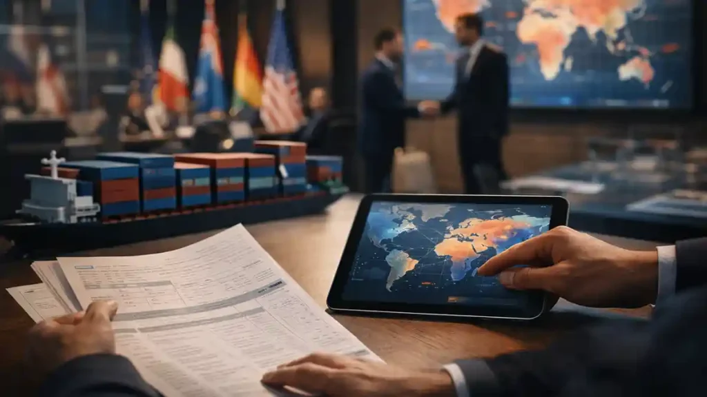 Hands reviewing logistics papers beside a tablet with a world map, a model cargo ship and containers on the table, and diplomats shaking hands in the background.