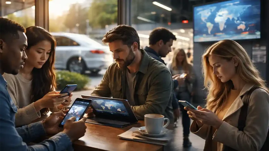 People in a café and metro checking news on smartphones and a tablet, with an abstract world map on a background screen representing global headlines.