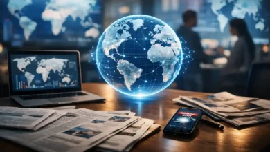 Modern newsroom desk with world map on laptop, global news screens, and digital globe projection representing global headlines.