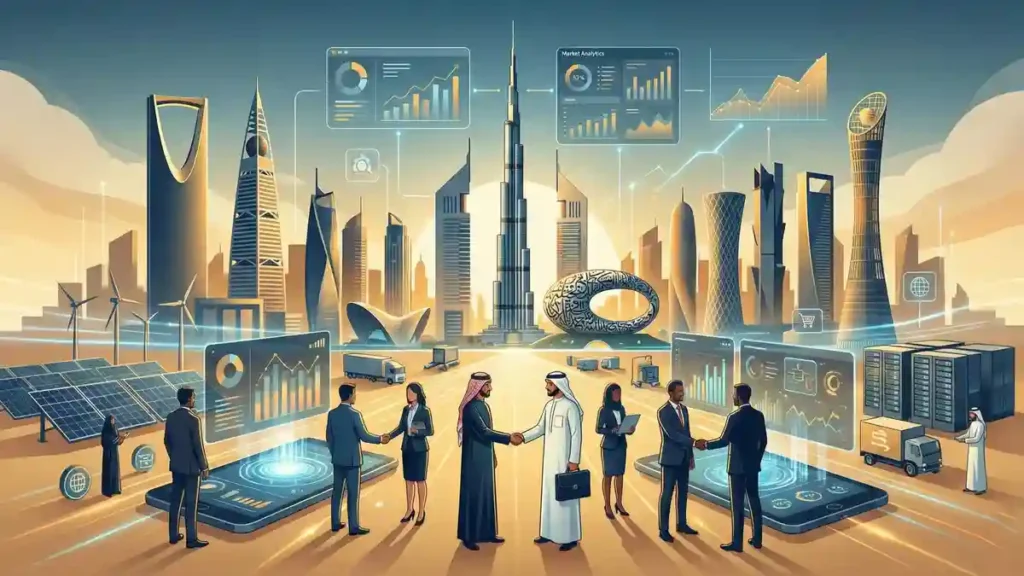 Modern illustration of GCC business growth showing Gulf skylines, professionals collaborating, and digital market analytics representing expansion opportunities in the region.