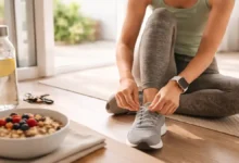 Woman tying sneakers beside a healthy breakfast bowl and lemon water, representing Health Tips 2026 and simple daily wellness habits.
