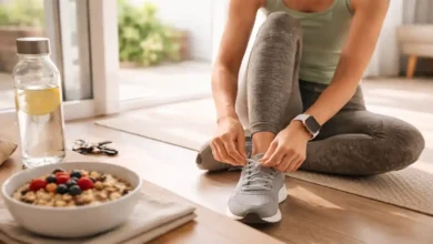 Woman tying sneakers beside a healthy breakfast bowl and lemon water, representing Health Tips 2026 and simple daily wellness habits.