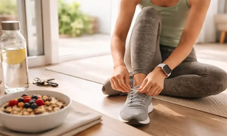 Woman tying sneakers beside a healthy breakfast bowl and lemon water, representing Health Tips 2026 and simple daily wellness habits.