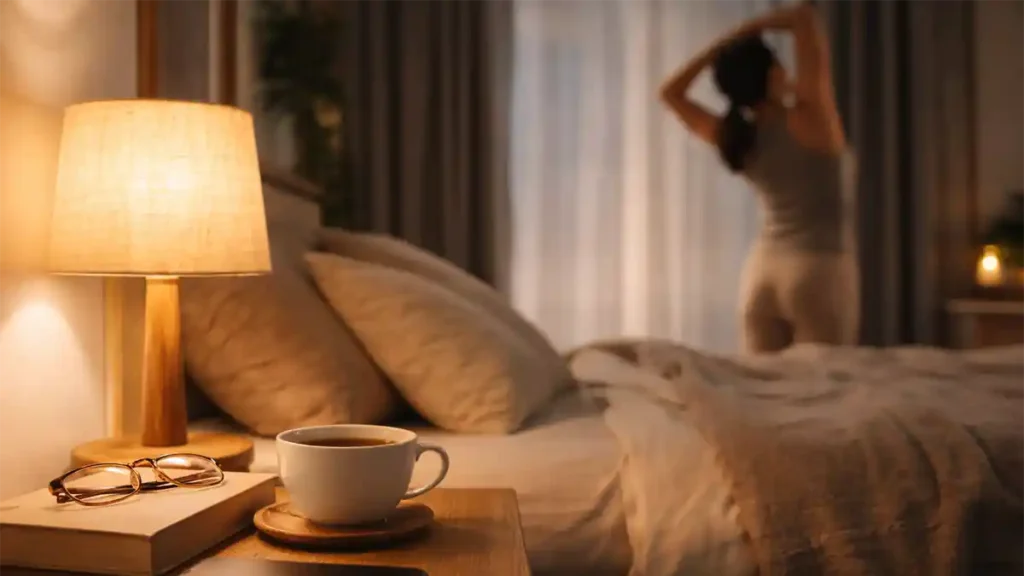 Calm bedroom evening routine with herbal tea, a book, and a person doing gentle stretching to support sleep optimization and stress management in 2026.