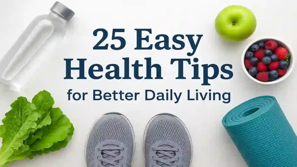 Woman preparing a fresh vegetable salad in a bright kitchen, illustrating easy health tips for better daily living