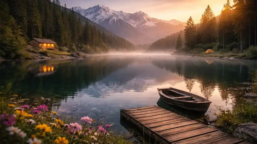 Serene alpine lake in northern Pakistan at sunrise with wooden jetty, small boat, pine forest, wildflowers and mountain reflections for Pakistan travel 2026