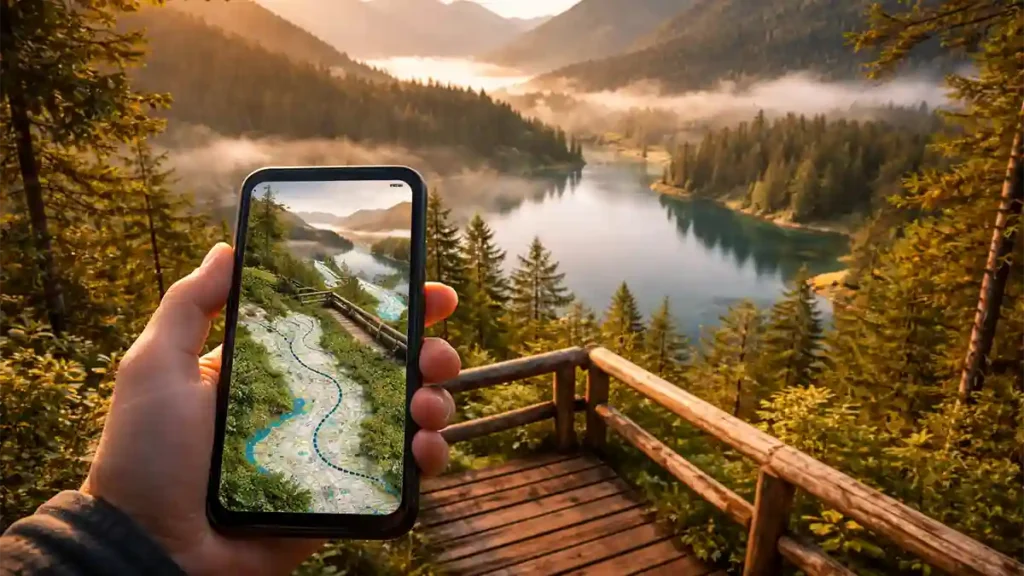 Traveler holding a phone map at a wooden viewpoint overlooking a misty alpine lake in a quiet European mountain region
