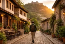 Traveler walking a quiet cobblestone street in a hidden historic stone town in Europe at golden hour