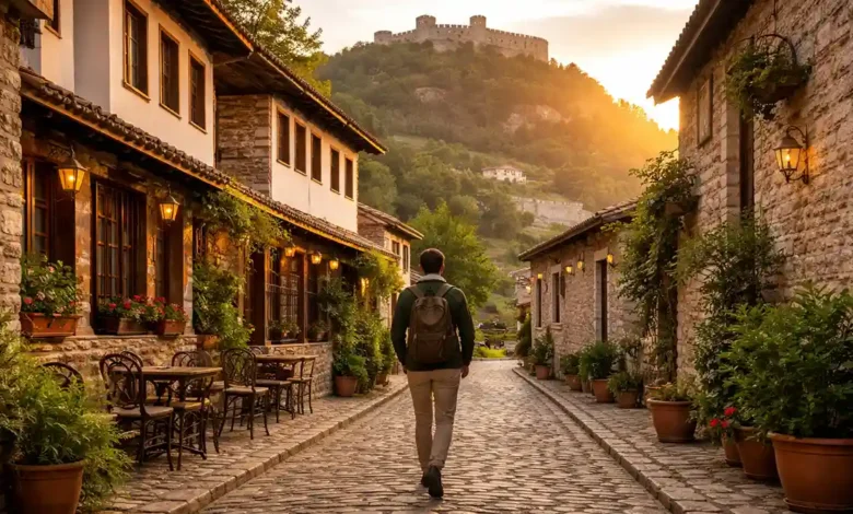 Traveler walking a quiet cobblestone street in a hidden historic stone town in Europe at golden hour