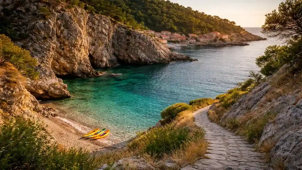 Quiet turquoise cove on a lesser-known European island with a stone path and distant fishing village