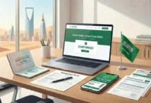 Flat lay of Saudi tourist visa essentials including passport, Saudi eVisa application form, laptop showing eVisa portal, boarding pass, travel insurance, and a phone displaying visa confirmation.