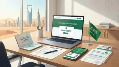 Flat lay of Saudi tourist visa essentials including passport, Saudi eVisa application form, laptop showing eVisa portal, boarding pass, travel insurance, and a phone displaying visa confirmation.