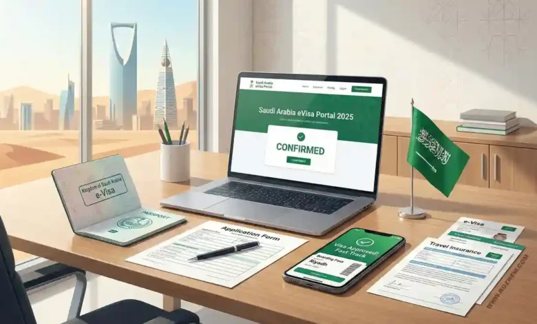 Flat lay of Saudi tourist visa essentials including passport, Saudi eVisa application form, laptop showing eVisa portal, boarding pass, travel insurance, and a phone displaying visa confirmation.