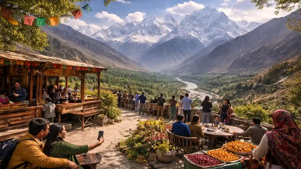 Tourists at a Hunza Valley viewpoint café with Rakaposhi mountain views, prayer flags, and a local fruit stall in northern Pakistan