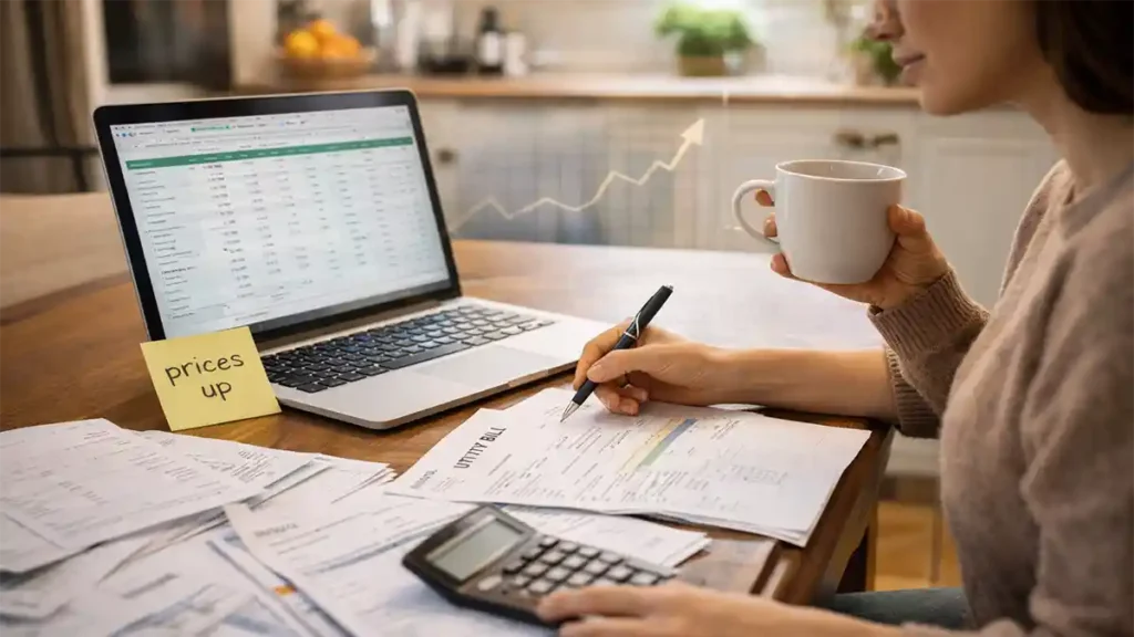 Person reviewing bills with a calculator and budgeting spreadsheet on a laptop, showing how inflation increases the cost of living