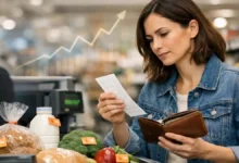 Person checking grocery bill as prices rise (inflation concept)