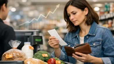 Person checking grocery bill as prices rise (inflation concept)