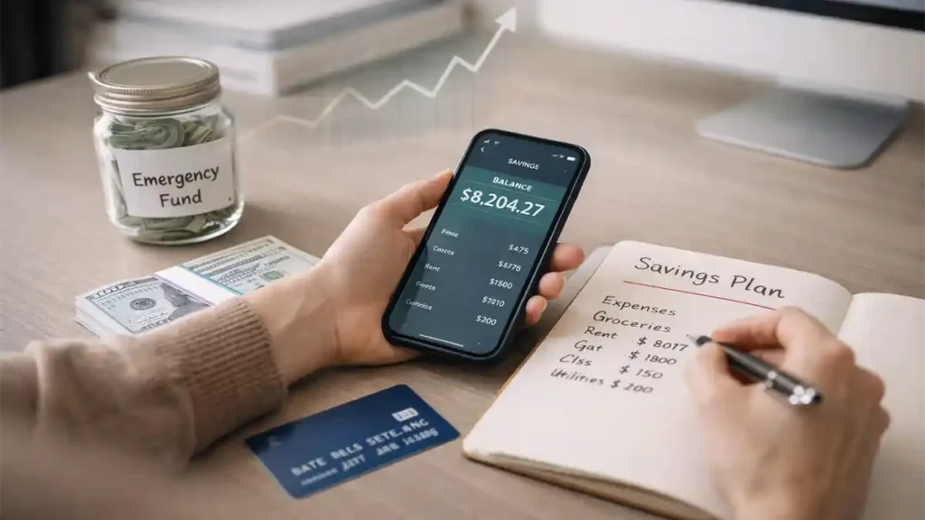 Person checking savings balance on a smartphone while writing expenses in a savings plan notebook, showing inflation’s impact on money