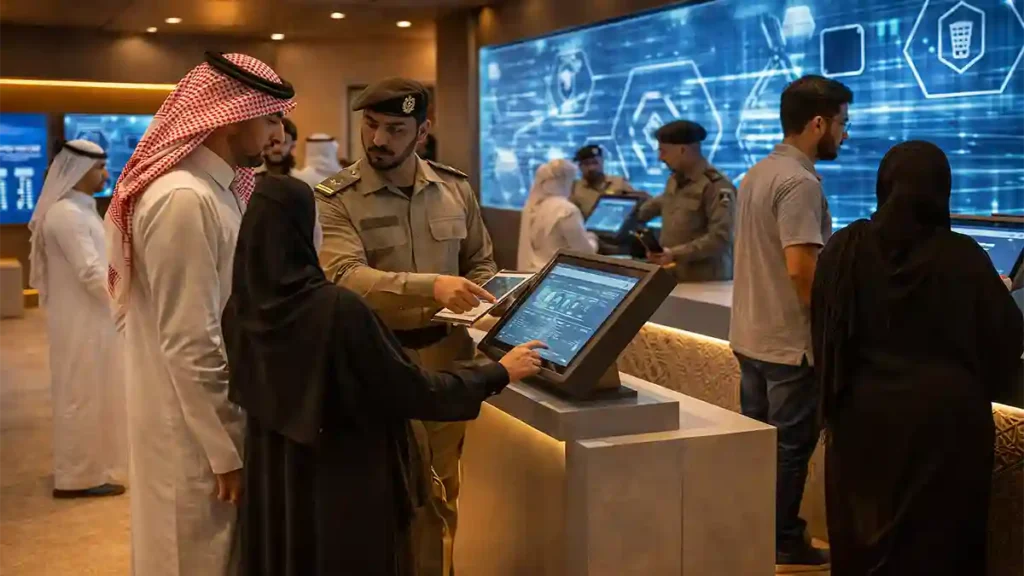 Saudi Ministry of Interior staff guide visitors using interactive touchscreen kiosks inside the Security Oasis exhibition at the King Abdulaziz Camel Festival.
