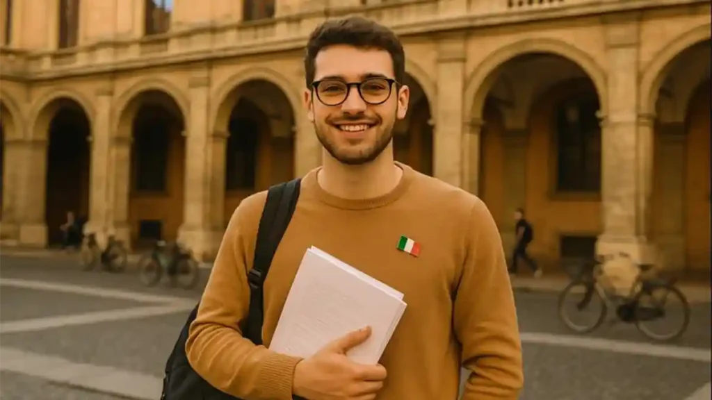 Smiling female international student holding an Italian flag and study materials outside a historic Italian university.