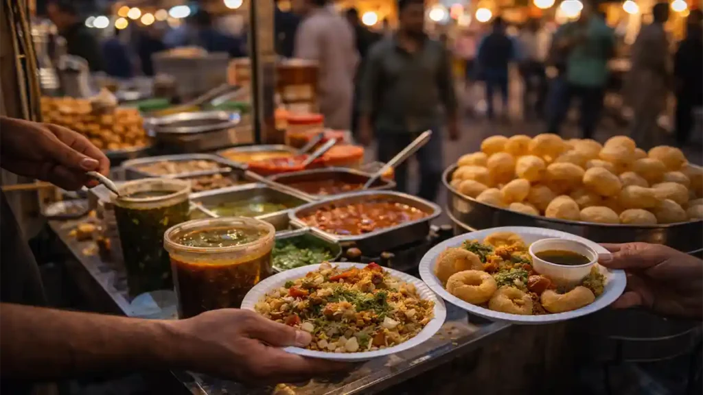 Islamabad street food stall serving chaat and gol gappay at night