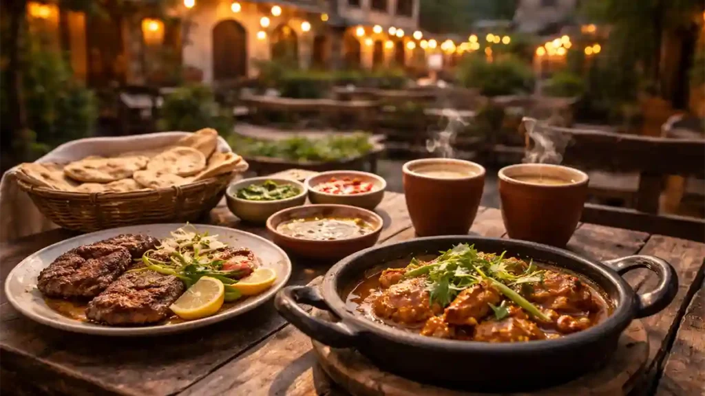 Traditional Pakistani dinner in Saidpur Village Islamabad with chicken karahi, chapli kebab, naan, chutneys, and karak chai at dusk.