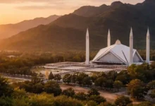 Faisal Mosque Islamabad at sunset with Margalla Hills in the background