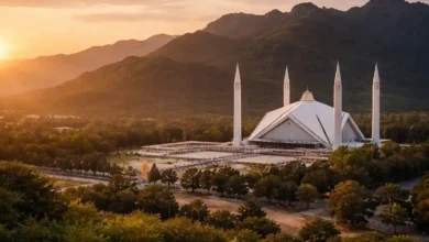 Faisal Mosque Islamabad at sunset with Margalla Hills in the background