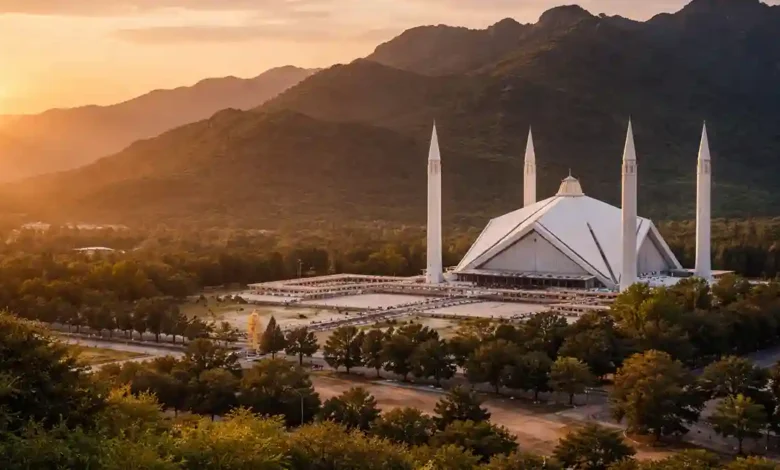 Faisal Mosque Islamabad at sunset with Margalla Hills in the background