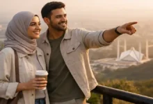 Couple enjoying Islamabad weekend getaway at Daman-e-Koh viewpoint with Faisal Mosque and Margalla Hills at sunset