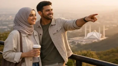 Couple enjoying Islamabad weekend getaway at Daman-e-Koh viewpoint with Faisal Mosque and Margalla Hills at sunset