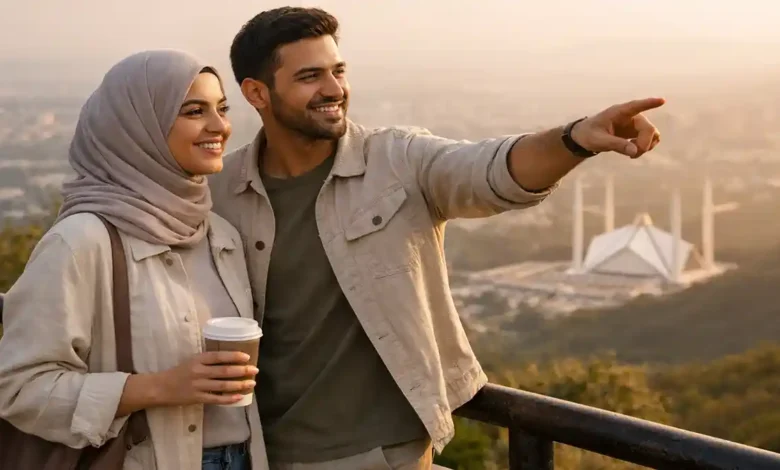 Couple enjoying Islamabad weekend getaway at Daman-e-Koh viewpoint with Faisal Mosque and Margalla Hills at sunset