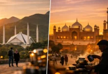 Islamabad vs Lahore skyline at sunset showing Faisal Mosque with Margalla Hills and Lahore’s Badshahi Mosque and Fort
